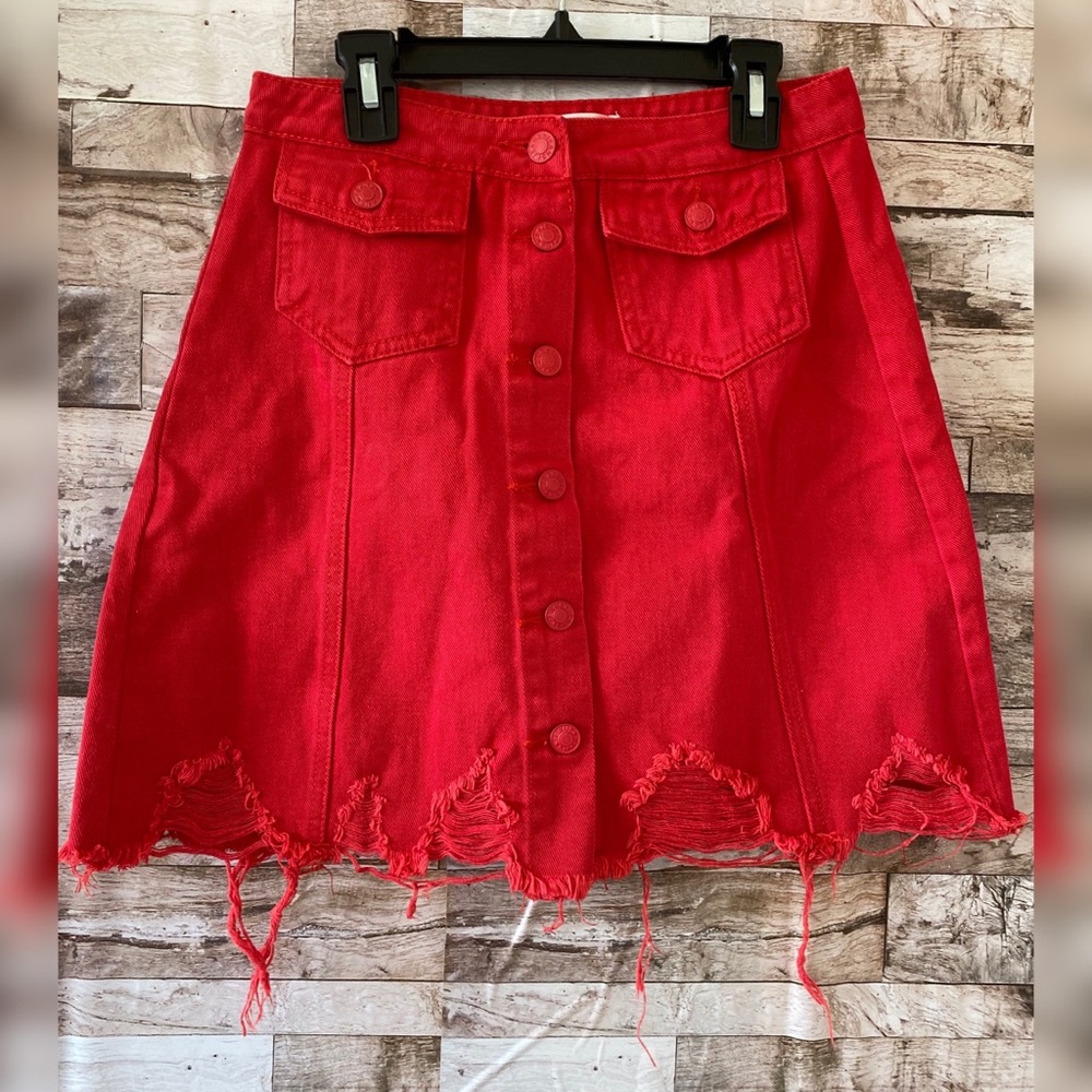 NWT Sunset & Spring Denim Skirt Distressed Fringe